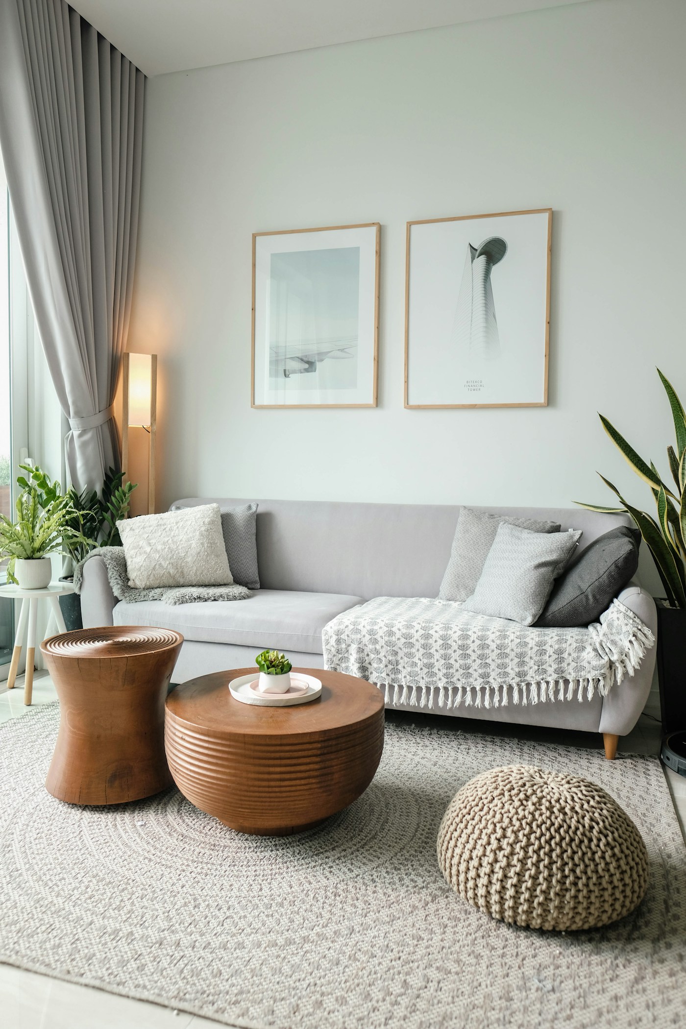 A furnished living room gives context for a whole-room air-quality plan. No filtration test or indoor-air diagnosis is represented.